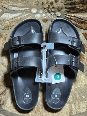 Shade & Shore Men’s Black Dual-Buckle Slide Sandals - Size 9